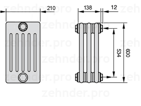 Схема (чертеж) Радиатор Zehnder Charleston 6060/3 №7610 Белый глянцевый RAL 9016